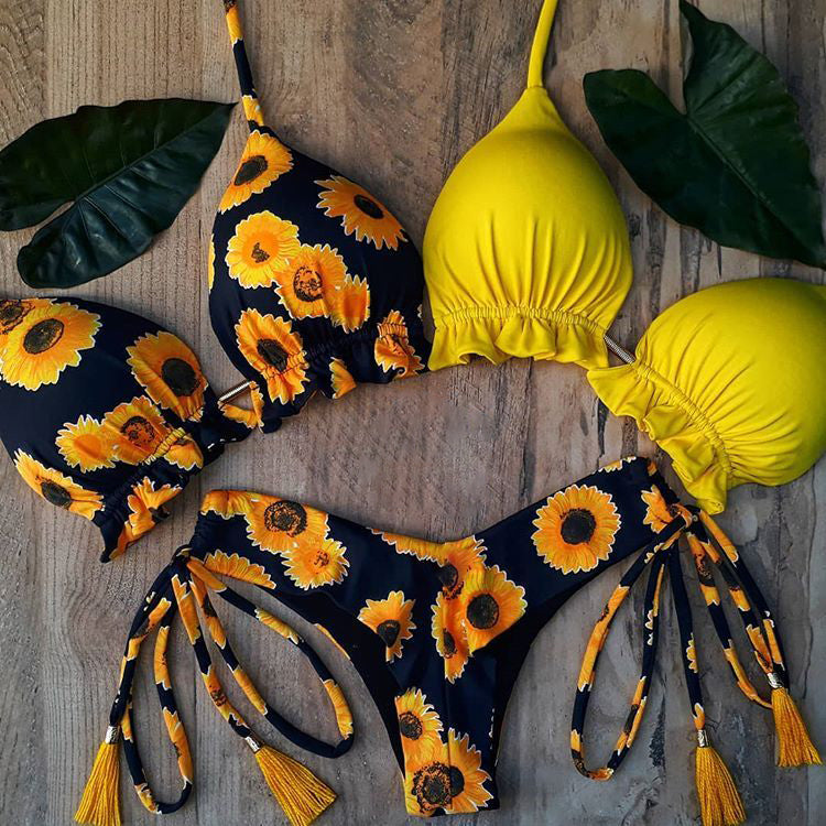 Dreiteiliges Bikini-Set mit Sonnenblumen-Print und kontrastierender Farbe