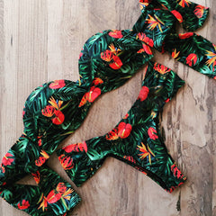 tropical print split tube top strappy bikini