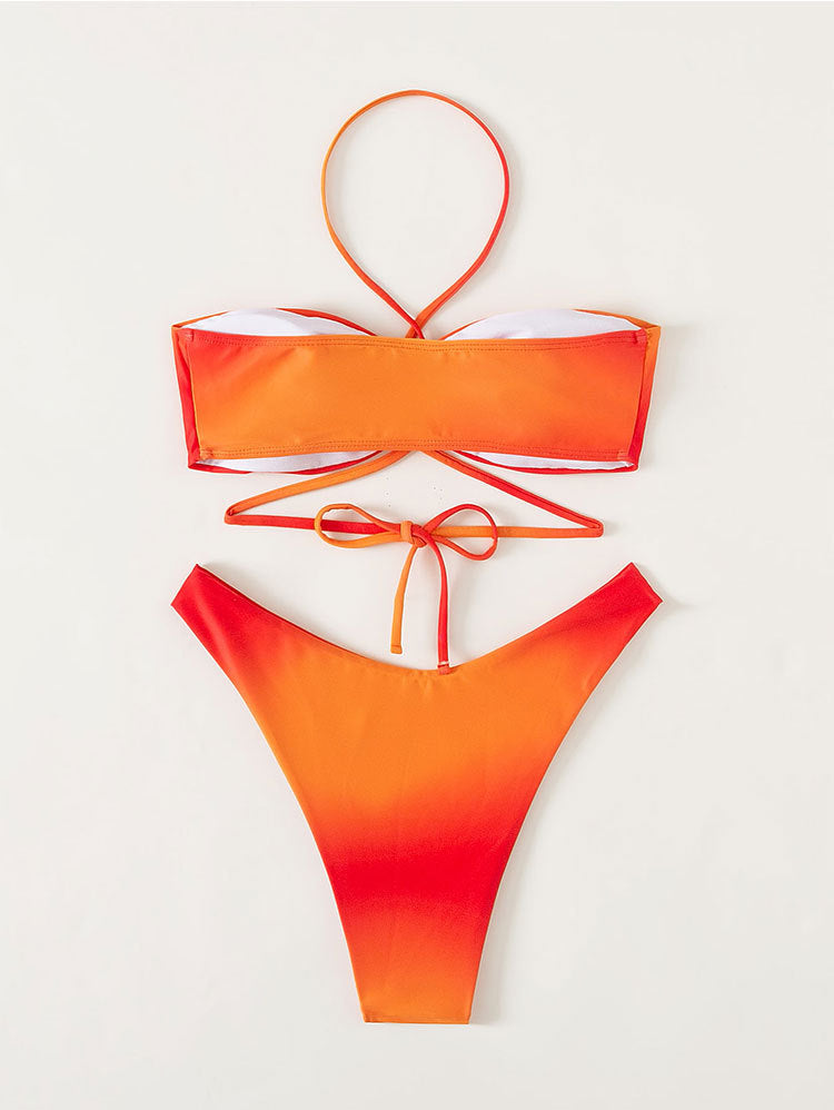 Traje de baño de tres piezas con cuello halter de malla naranja 