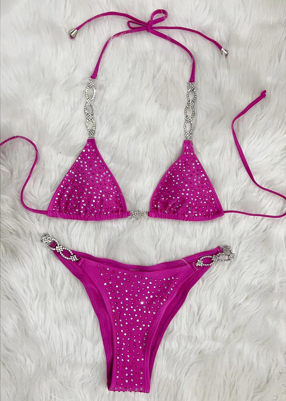 Bikini con tirantes de color liso divididos y diamantes de imitación