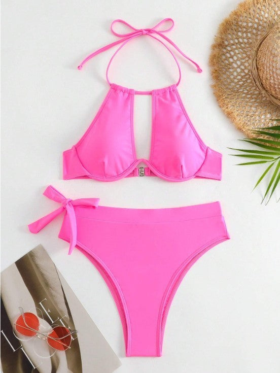 Einfarbiger Bikini mit hoher Taille und Raffung