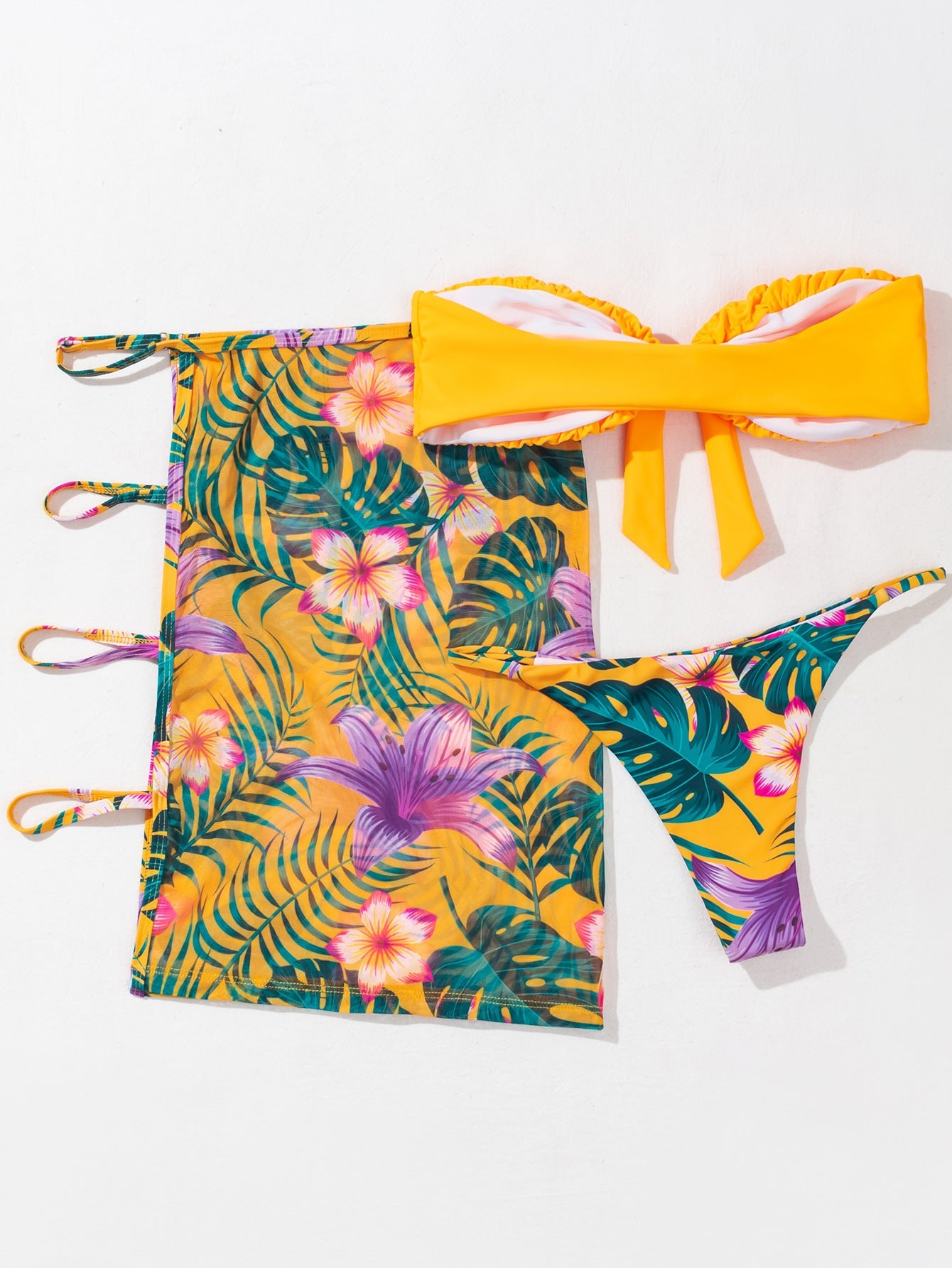 Tube Top Gathered Three-piece Printed Bikini