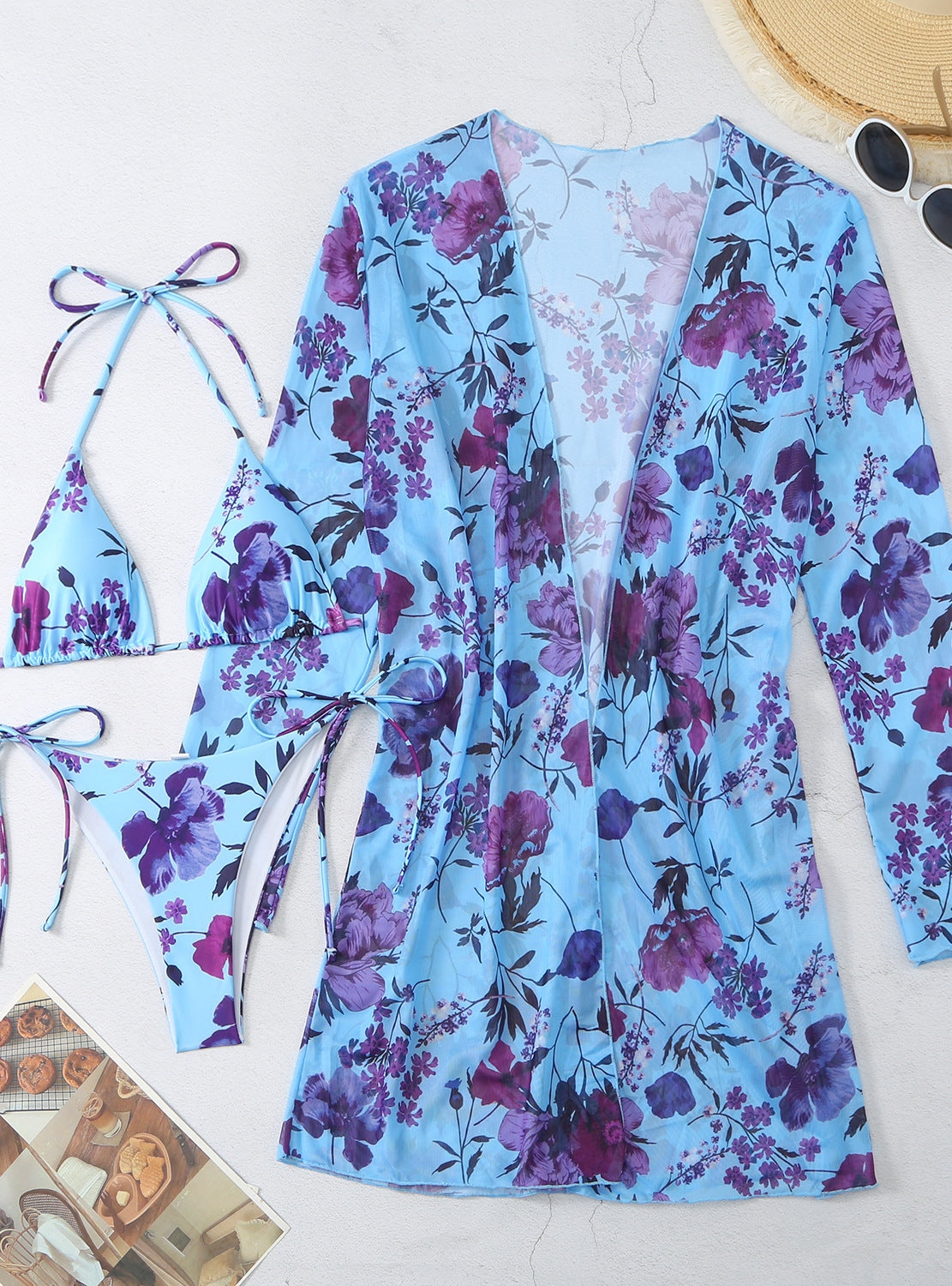 Traje de baño de playa con blusas y estampado de flores, traje de baño de tres piezas