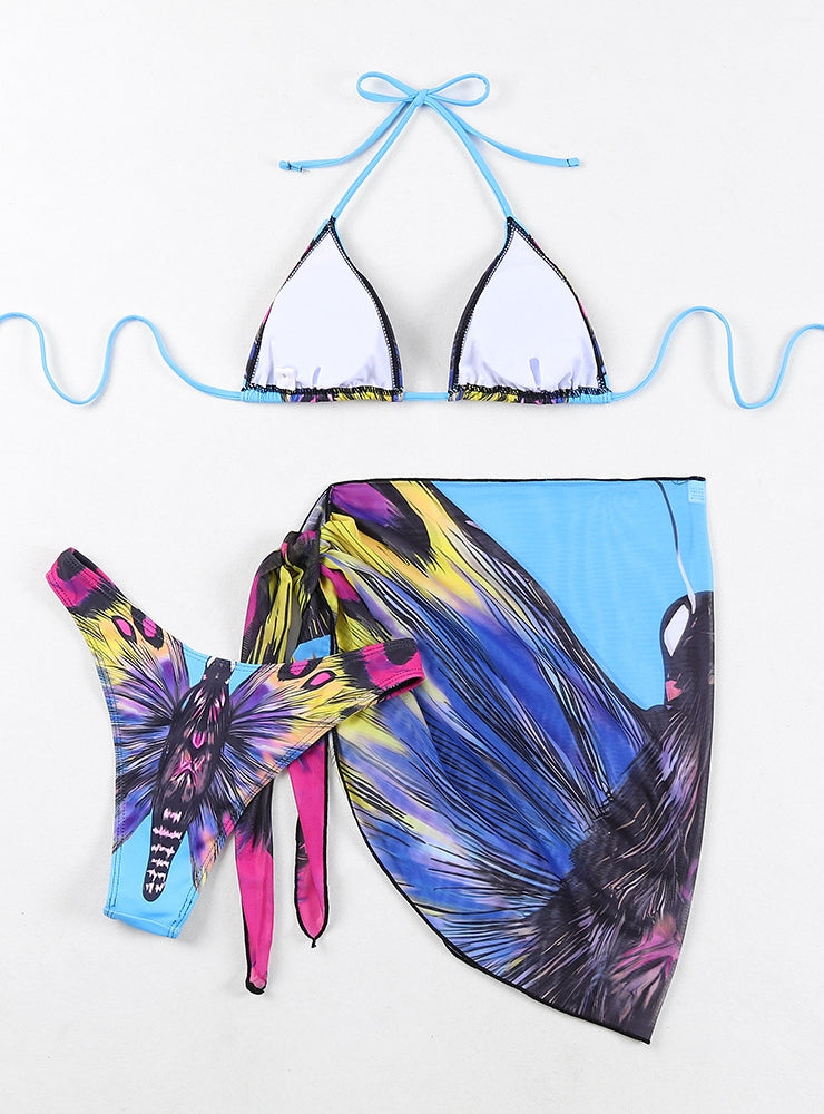 Bikini con falda de gasa dividida y estampado de mariposas multicolor