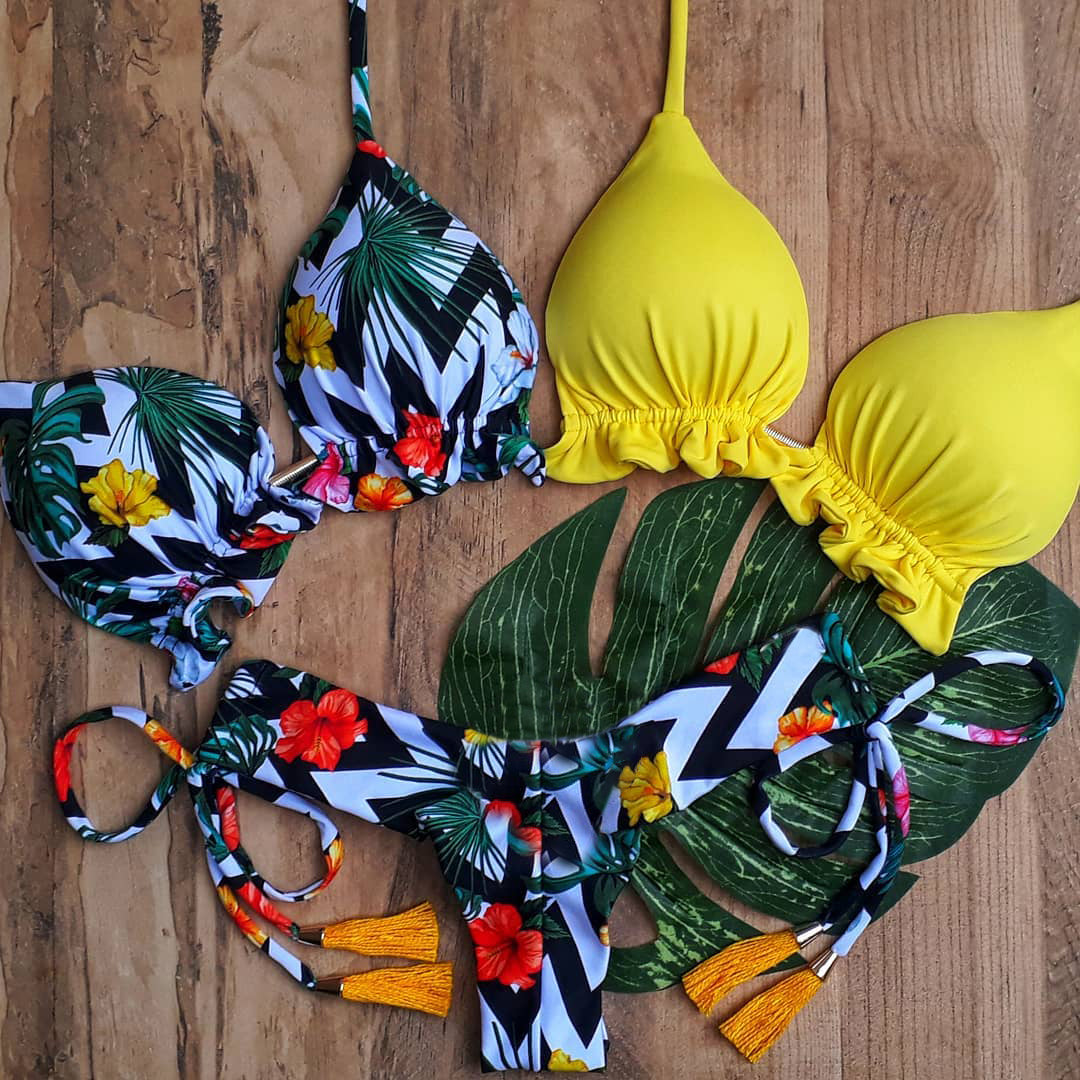 tropical print split bikini three-piece suit