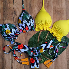 tropical print split bikini three-piece suit