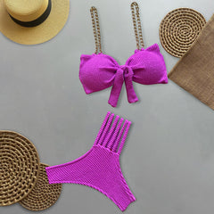 Solid Color Bow Chain Split Bikini