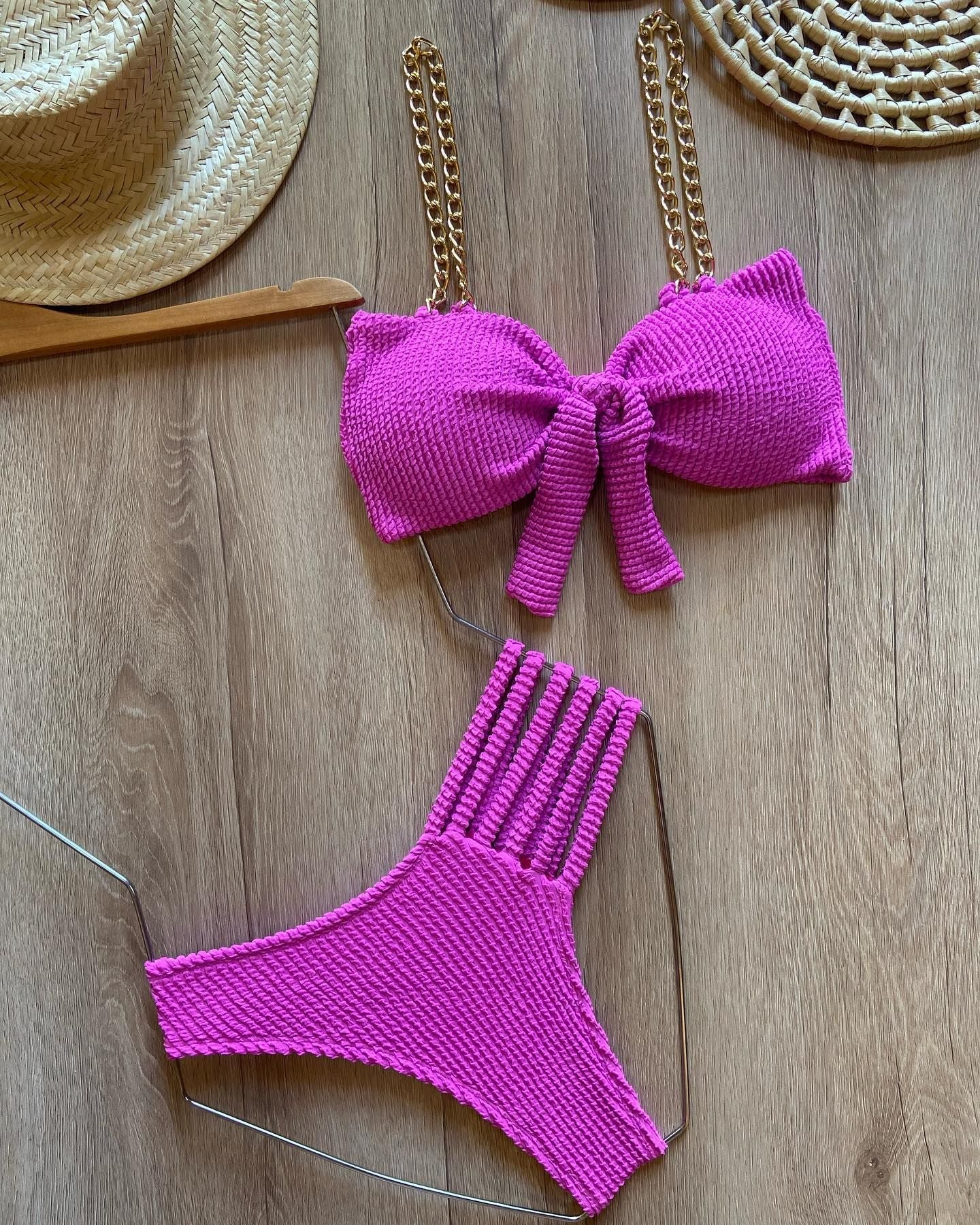 Solid Color Bow Chain Split Bikini