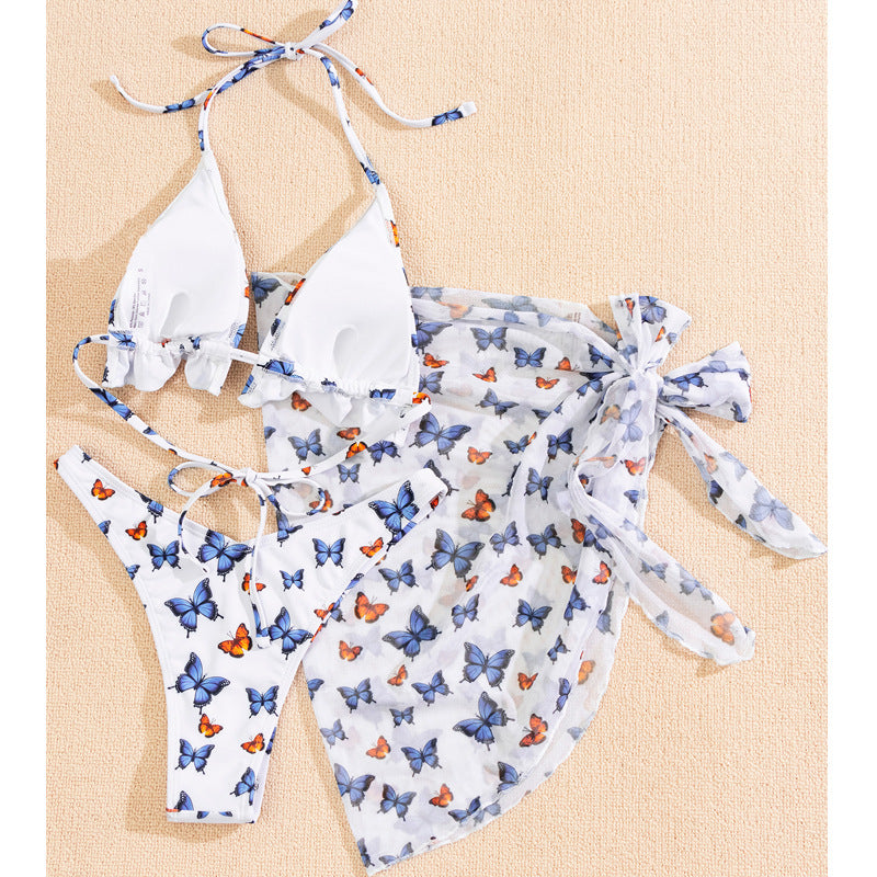 Dreiteiliger Bikini mit Gazerock und Schmetterlings-Print