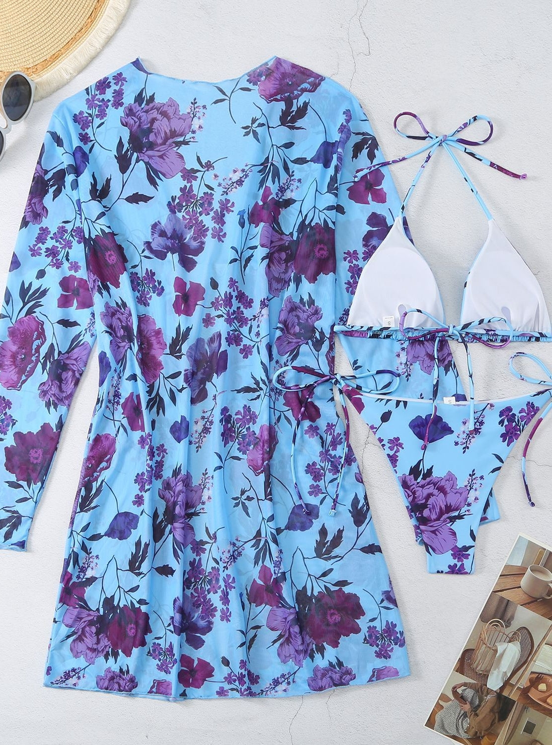 Traje de baño de playa con blusas y estampado de flores, traje de baño de tres piezas