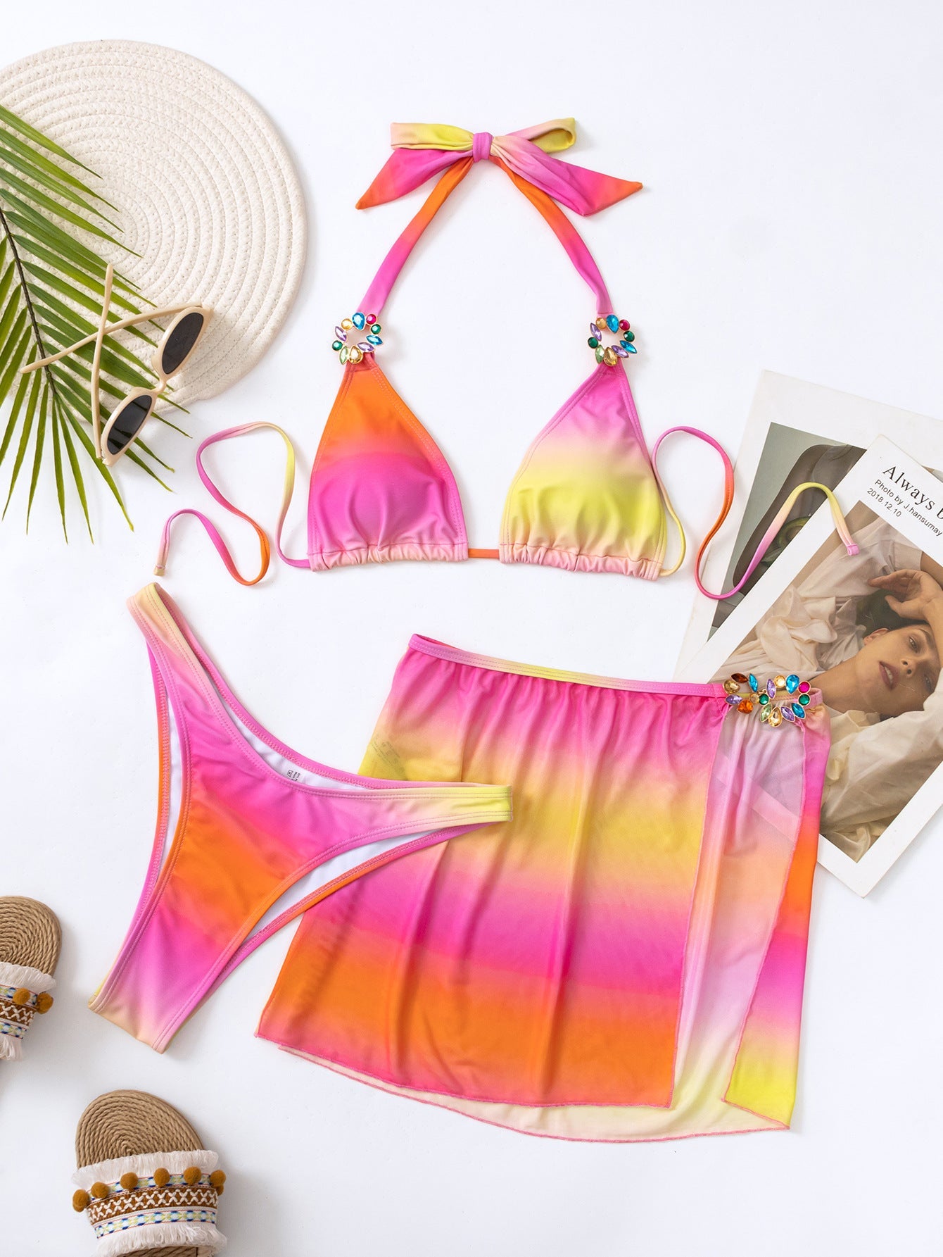 Dreiteiliger Strandbikini mit Farbverlauf und Print