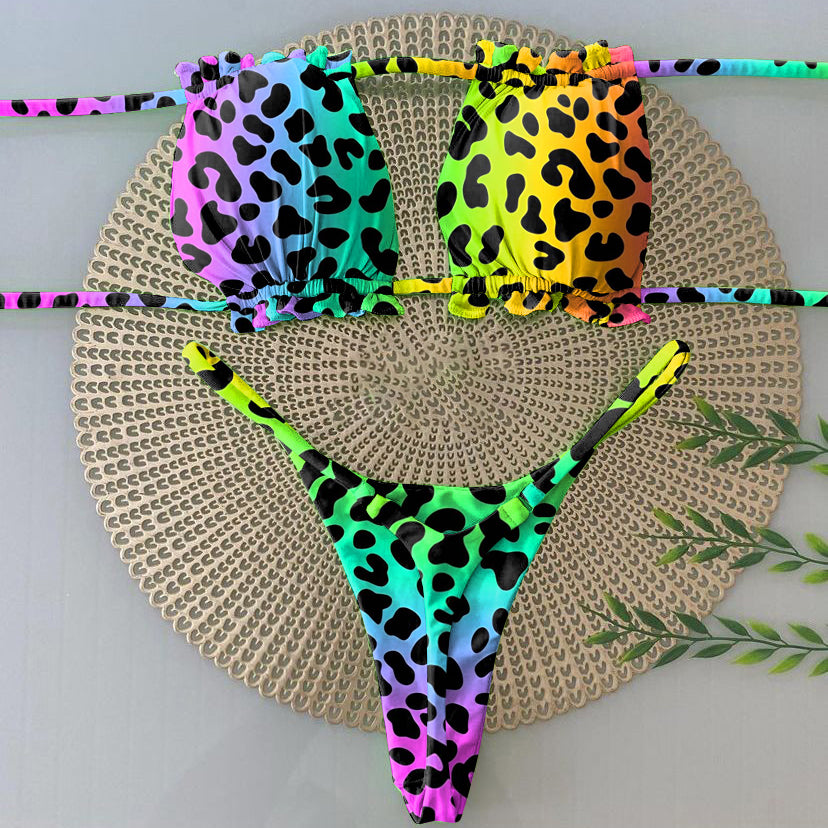 Bikini arcoíris con estampado de leopardo degradado 