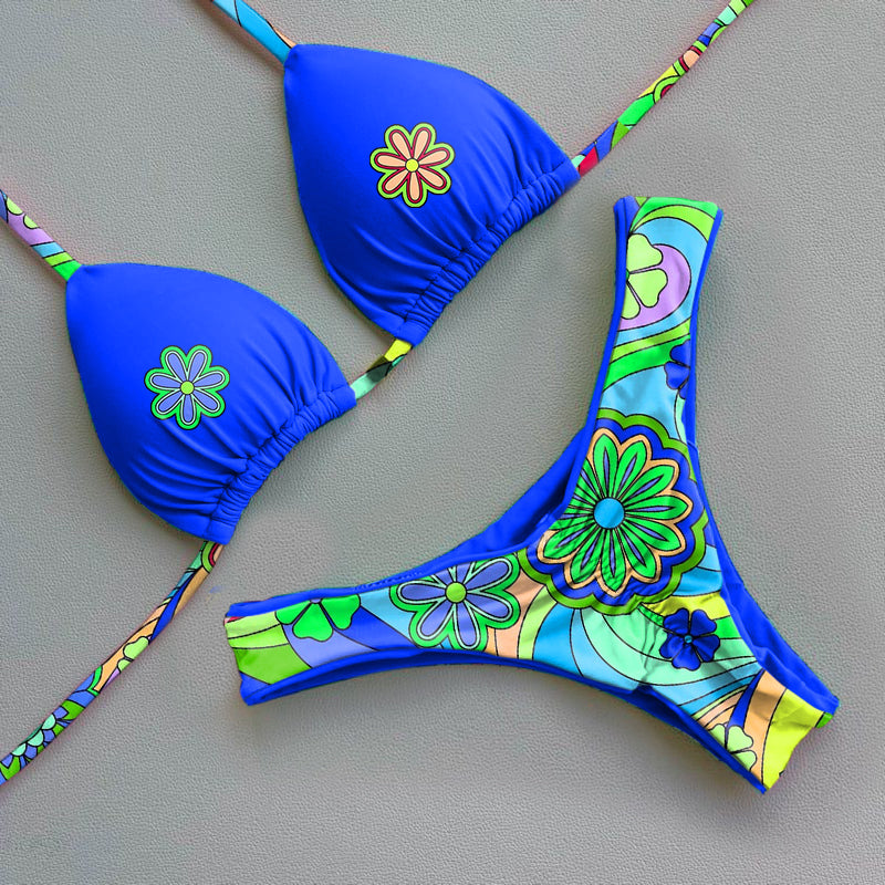 Contrast color print bikini set