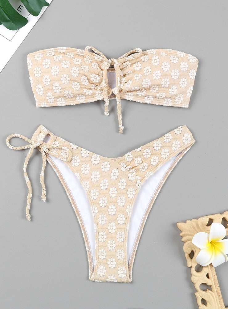 Einfarbiger Bikini mit geteiltem Tube-Top und Blumenmuster