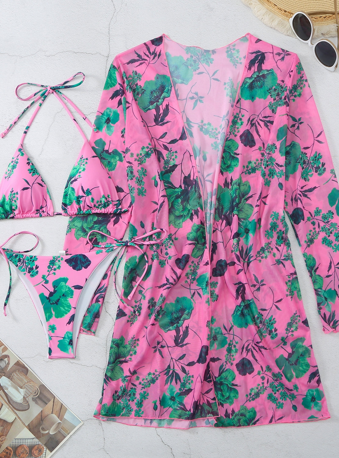 Traje de baño de playa con blusas y estampado de flores, traje de baño de tres piezas