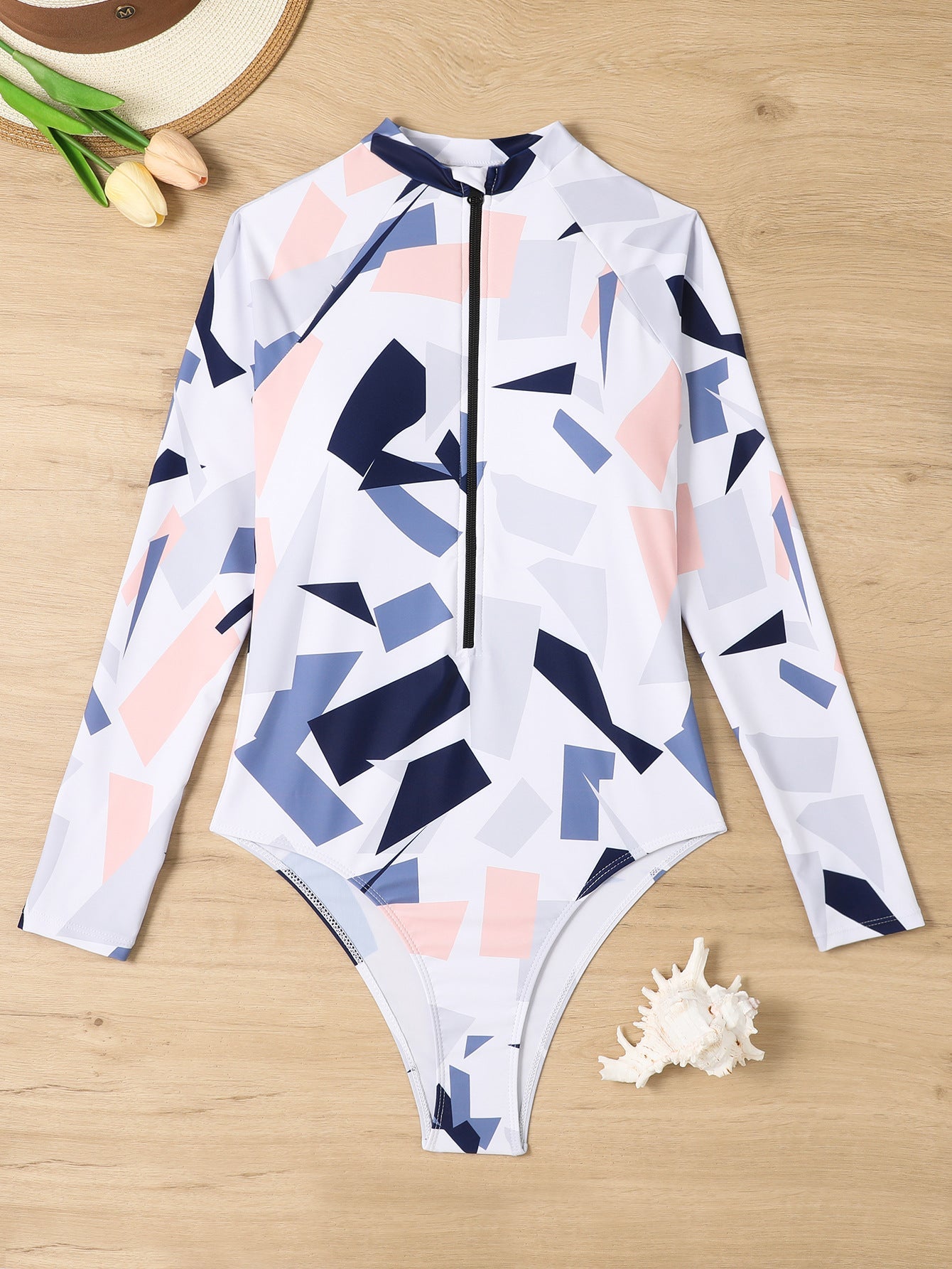 Long Sleeve Zipper Contrast Jumpsuit Swimsuit