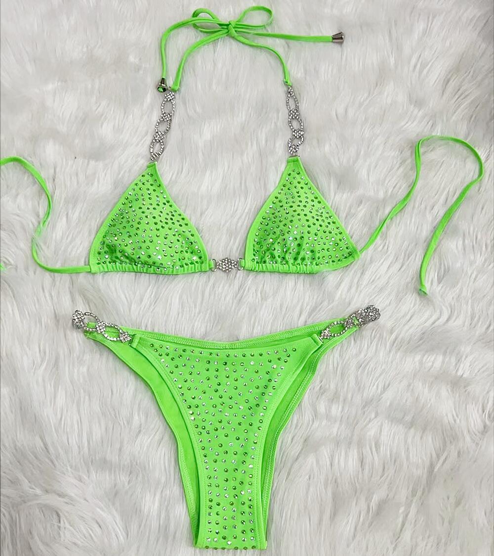 Bikini con tirantes de color liso divididos y diamantes de imitación