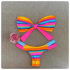 striped bow-knot tube top split bikini