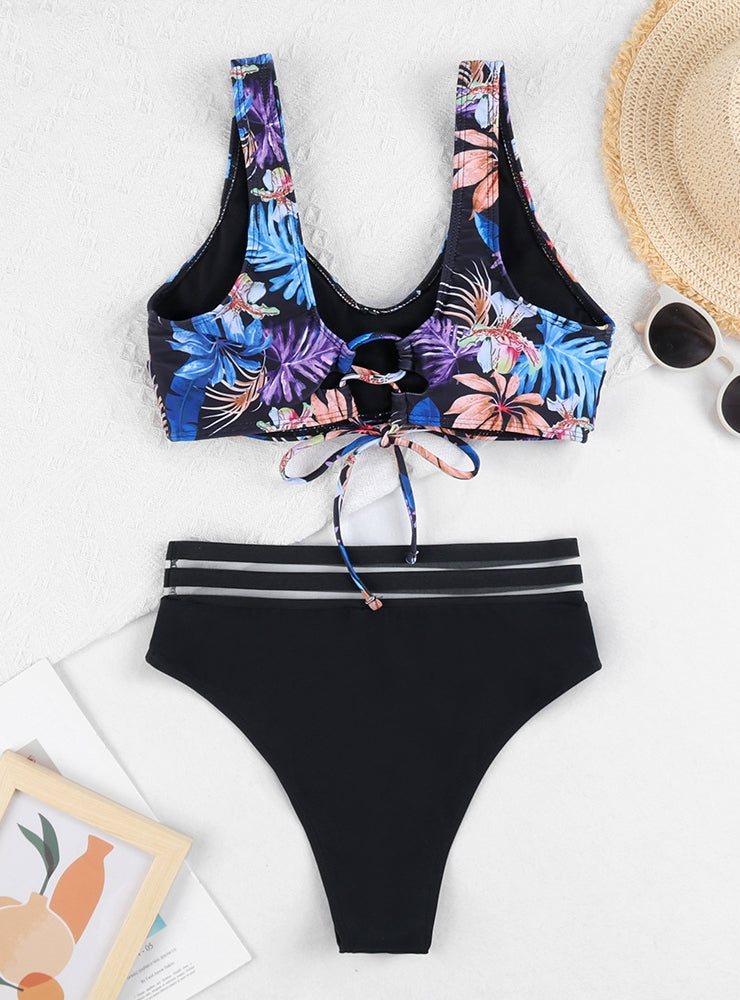 Printed Multi-color Split Sports Backless Swimsuit