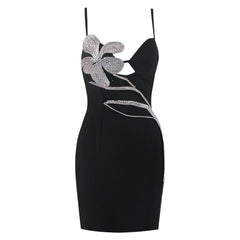 FUSAE Black MINI DRESS with CRYSTAL Flower