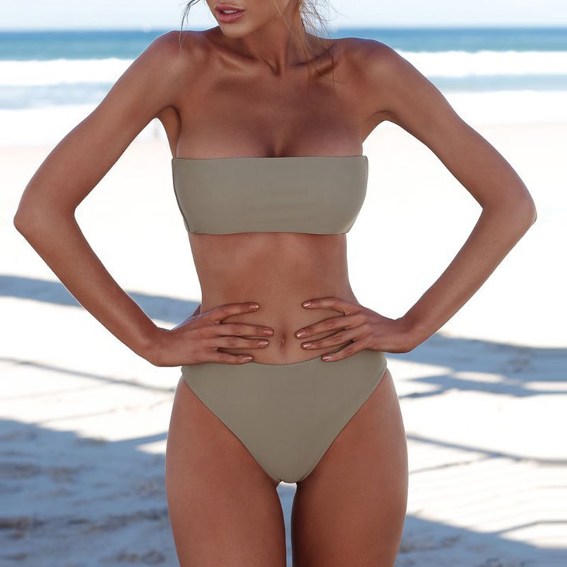 Solid Color Bandeau Brazilian Two Piece Bikini Swimsuit