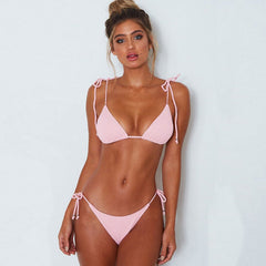 Ribbed Lace Up  Triangle Brazilian Two Piece Bikini Swimsuit