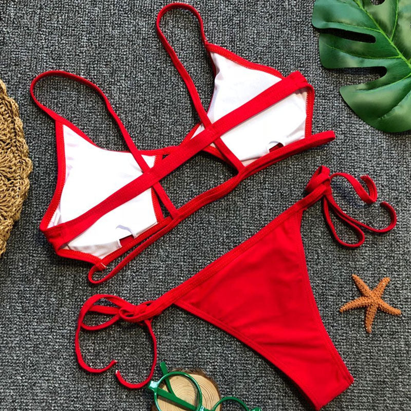 Cutout Tie Side String Thong Strappy Bralette Brazilian Two Piece Biki