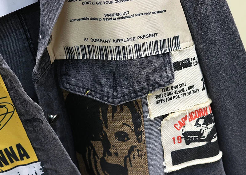 Chaqueta vaquera vintage de patchwork: diseño gráfico de moda