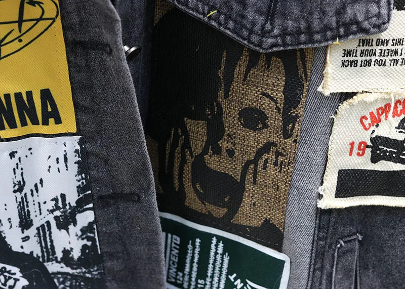 Chaqueta vaquera vintage de patchwork: diseño gráfico de moda