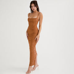 AKARI BROWN RUCHED MAXI DRESS with STRAPS