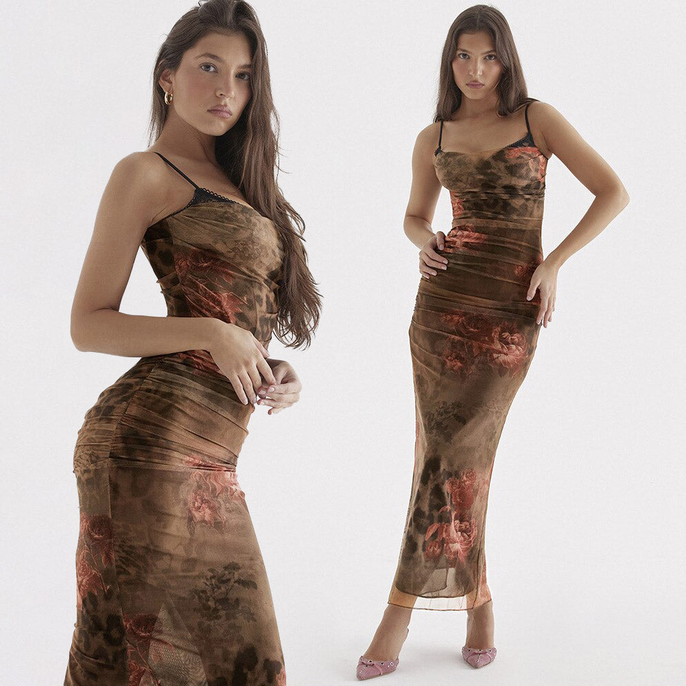 AKIRA BODYCON BRAUN BEDRUCKTES MAXIKLEID mit TRÄGERN