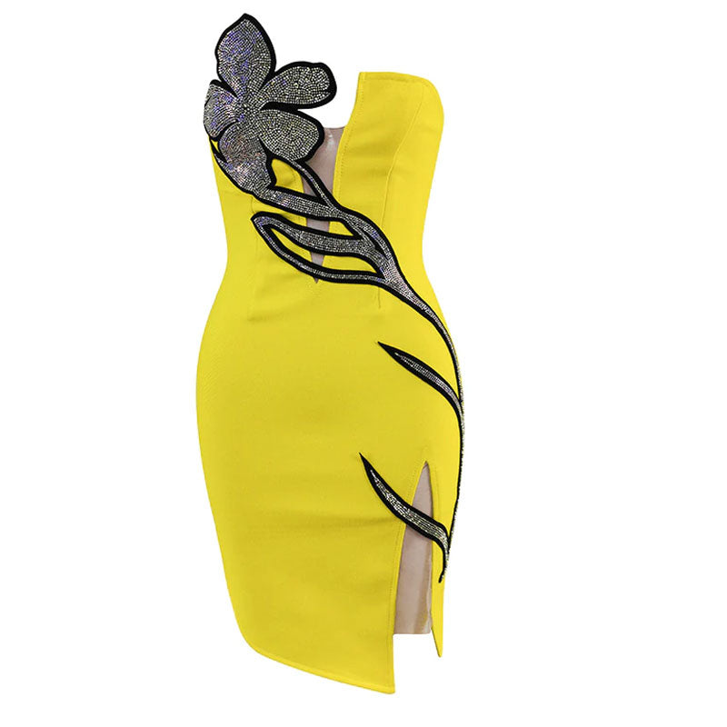 Vestido corto de fiesta asimétrico sin tirantes con pétalos de purpurina - Amarillo