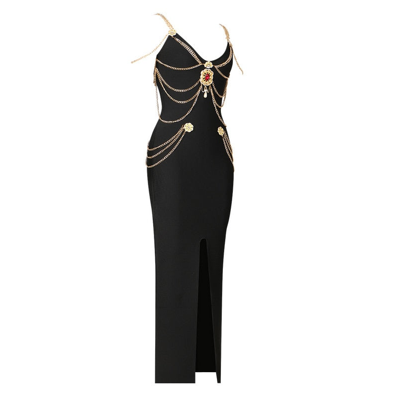 LILLY MAXI DRESS with GOLD CHAINS and FRONT SLIT