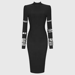 VESTIDO MIDI NEGRO DE CUELLO ALTO con pedrería