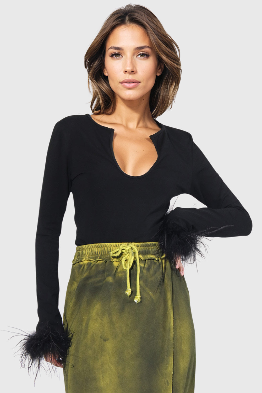 Long Sleeve top with Feather Cuffs - Black