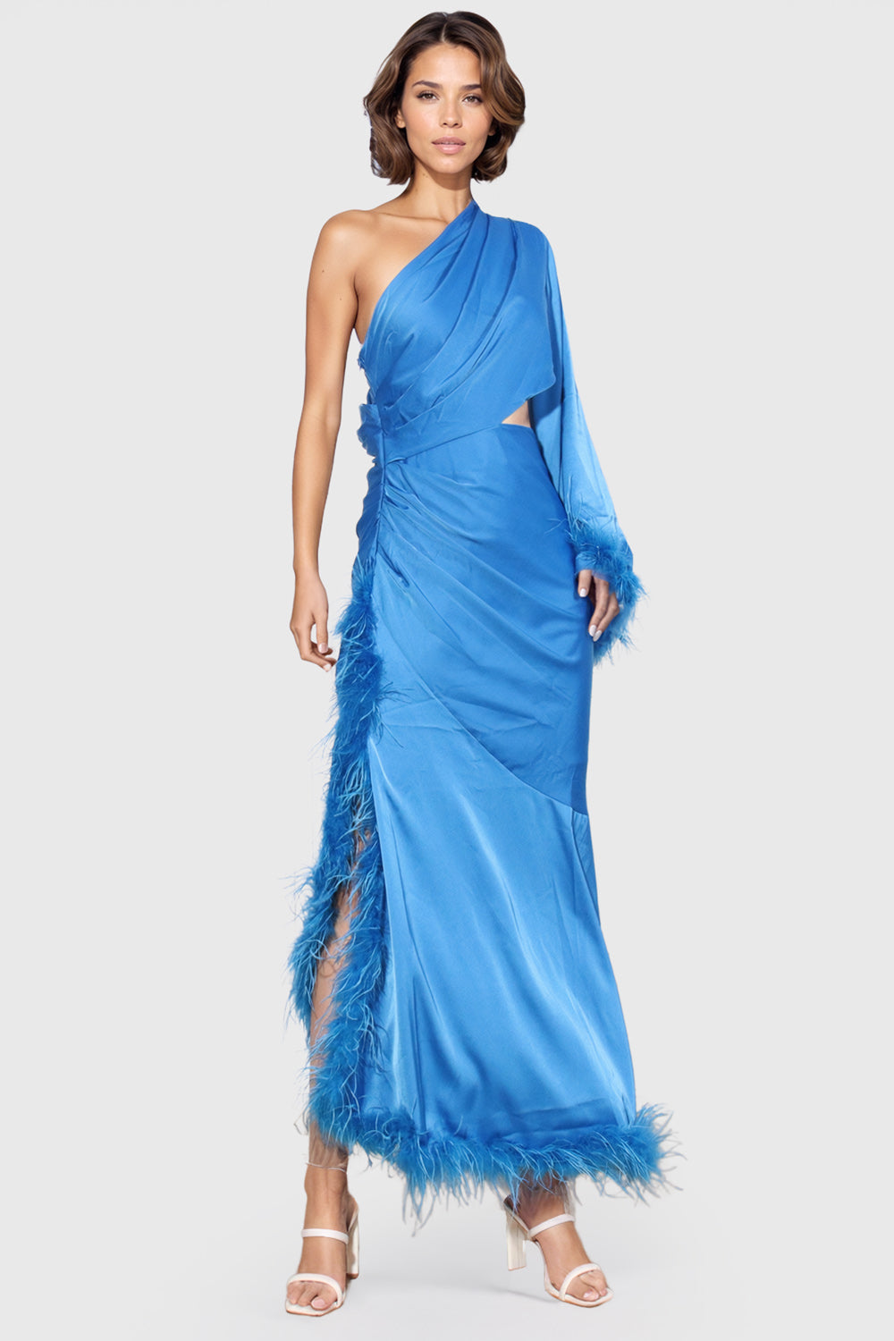 One-Shoulder-Maxirock mit Federn - Blau