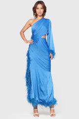 One-Shoulder-Maxirock mit Federn - Blau