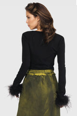 Long Sleeve top with Feather Cuffs - Black