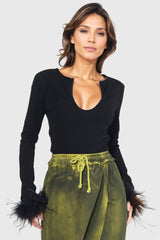 Long Sleeve top with Feather Cuffs - Black