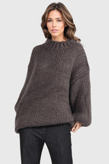 Oversized Knitted Sweater with Round Neckline - Brown