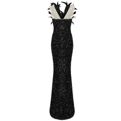 Fancy Faux Feather Trim Deep V Neck Mesh Panel Split Thigh Sequin Maxi Evening Dress