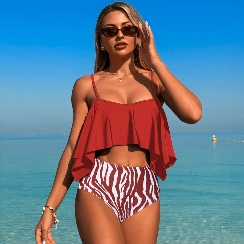 Nylon large lotus leaf two-piece swimsuit
