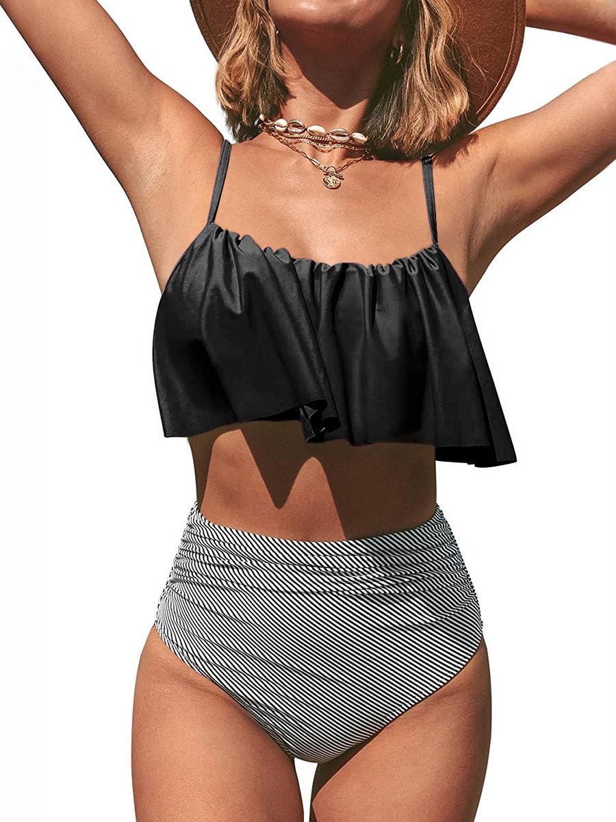 Ruffled Striped Two-Piece High-Waisted Swimsuit