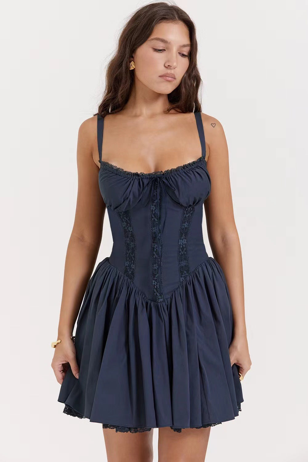 Sexy Sweetheart Neck Drop Waist Lace Corset Hanky Hem Mini Sleeveless Party Dress