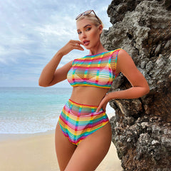 Kurzes Bralette-Set aus Netzstoff in Regenbogenfarben