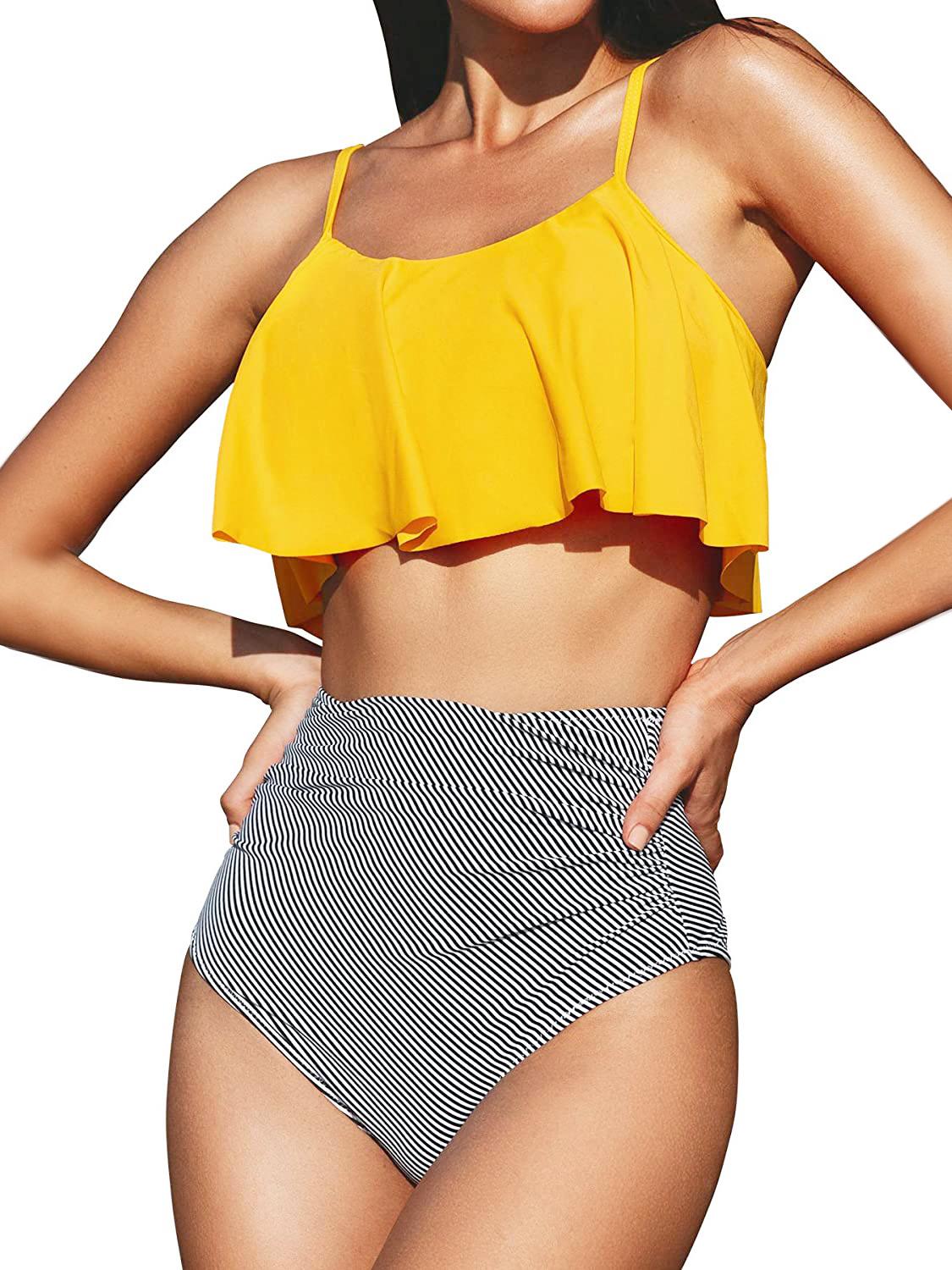 Ruffled Striped Two-Piece High-Waisted Swimsuit