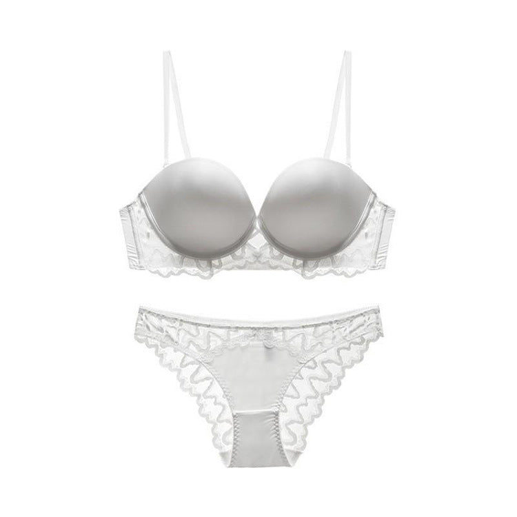 Transparentes, dünnes, gepolstertes Bralette-Set aus Satin mit durchgehender Spitze und Riemchen