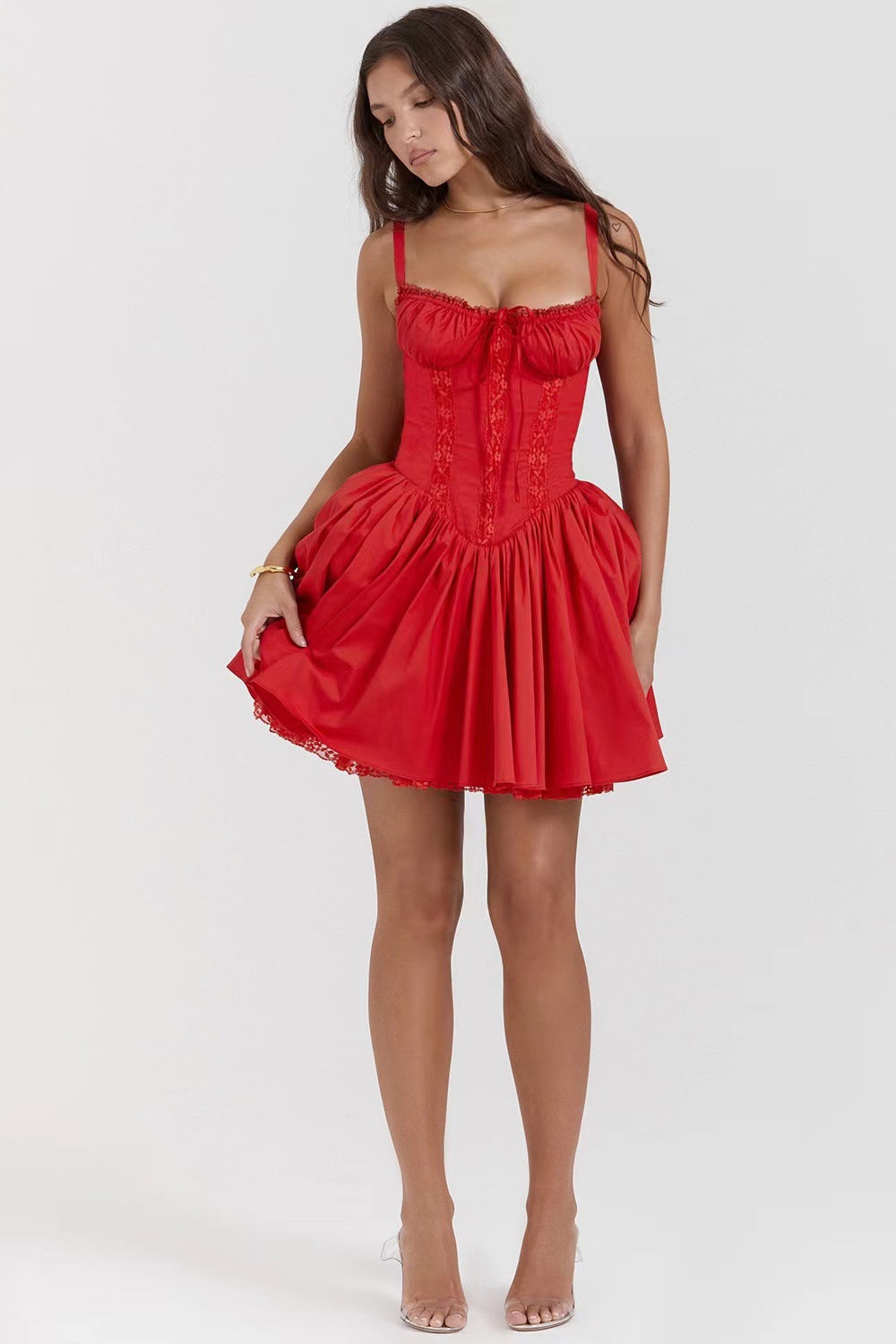 Sexy Sweetheart Neck Drop Waist Lace Corset Hanky Hem Mini Sleeveless Party Dress