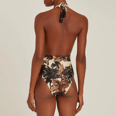 Deep V Halterneck Printed One-Piece Swimsuit Set
