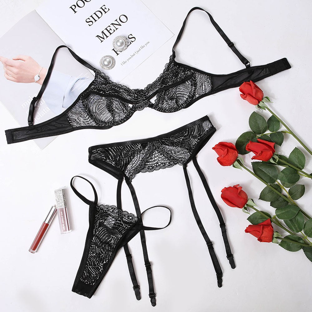 Lace Hollow Lingerie Set Black